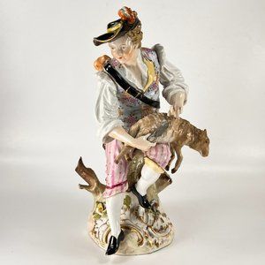 Antique Carl Thieme Dresden German Porcelain Man Shearing Sheep 10"H Circa 1888